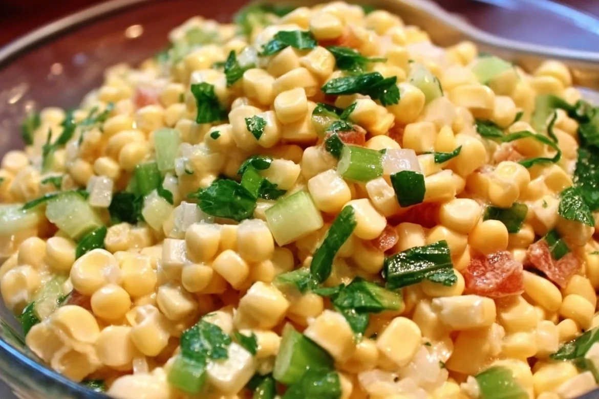 Colorful Shoe Peg Corn Salad with fresh ingredients in a bowl.