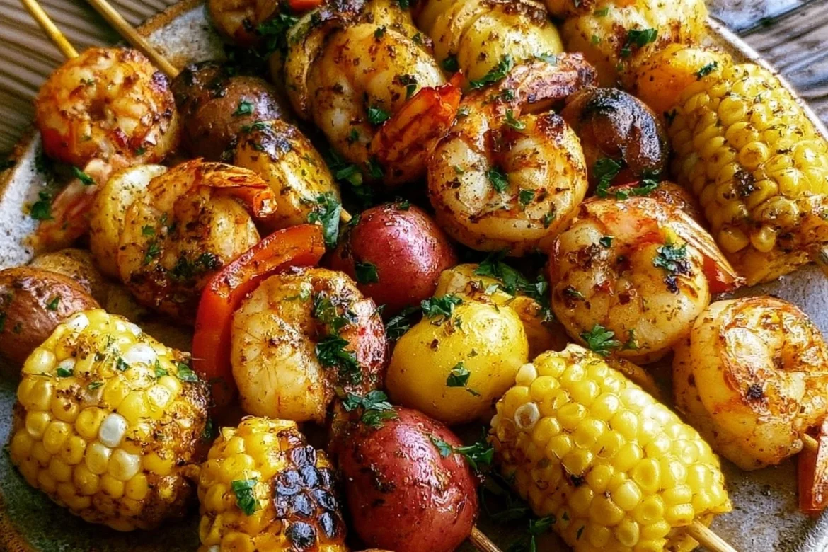 Shrimp Boil Kabobs with colorful vegetables on skewers, served on a platter.