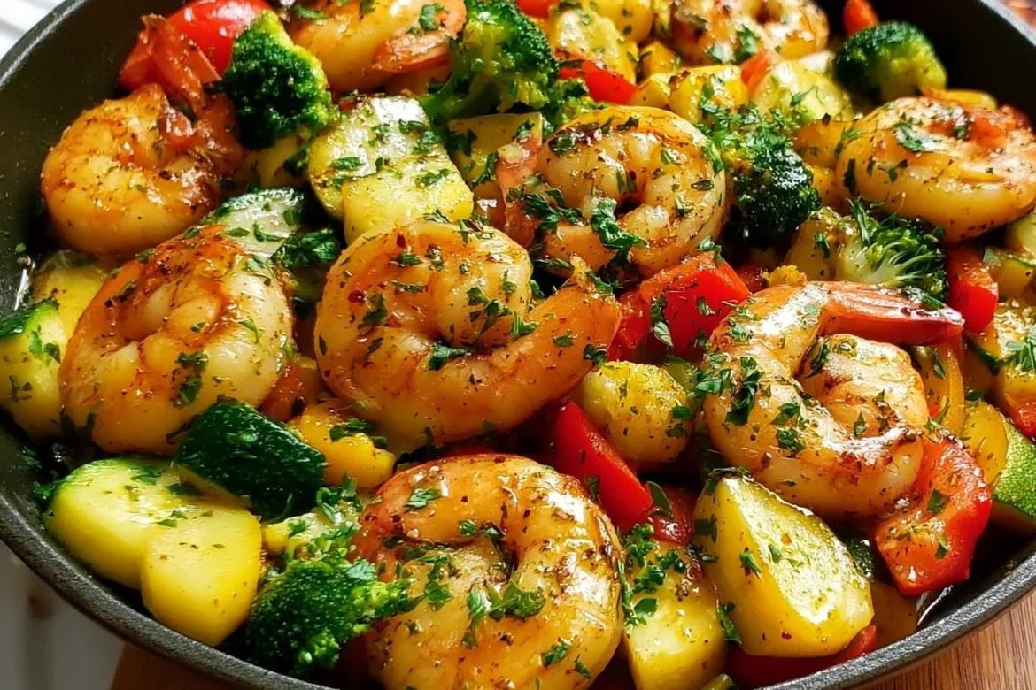 Simple garlic butter shrimp dish with vegetables served on a plate.