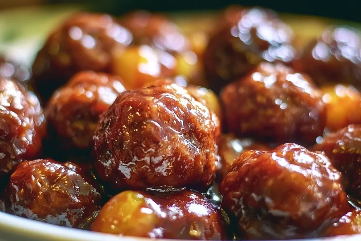 Delicious slow cooker pineapple barbecue meatballs served on a plate
