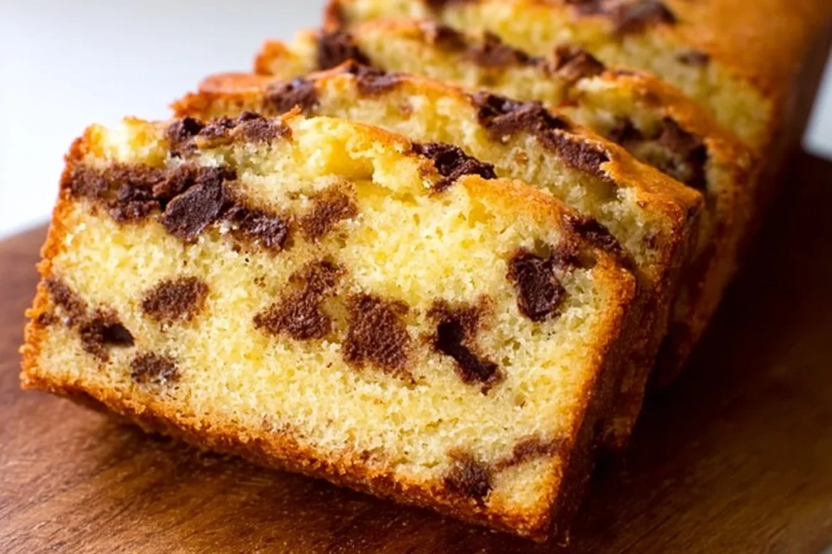 Sour Cream Chocolate Chip Pound Cake with chocolate chips and a golden brown crust