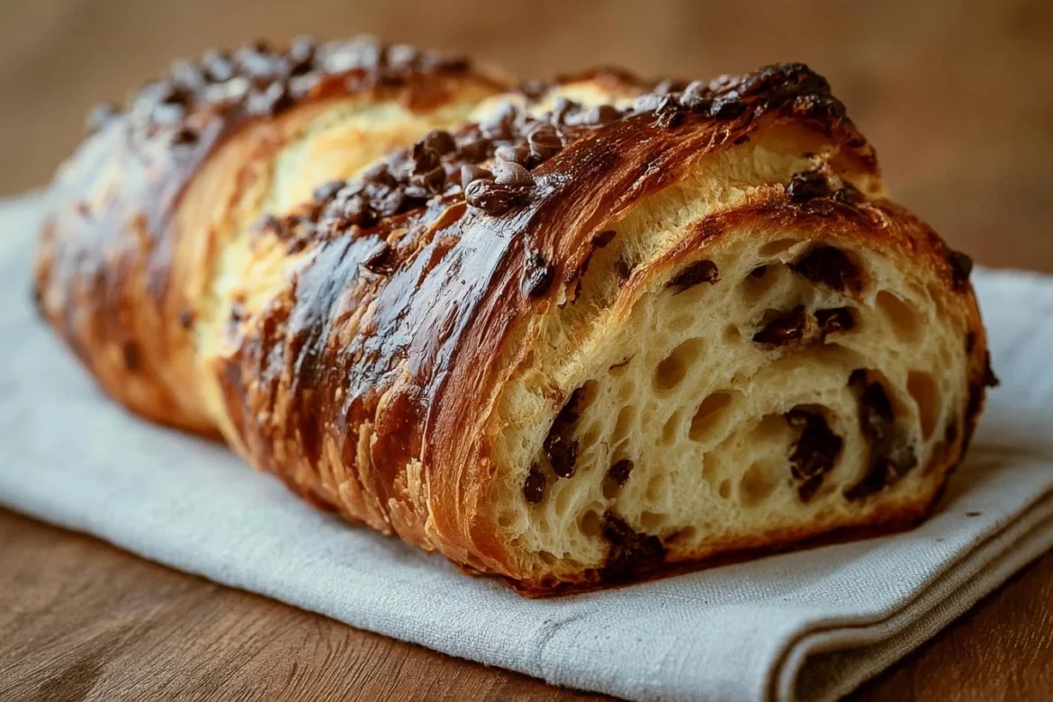 Freshly baked sourdough chocolate chip croissant bread on a wooden table