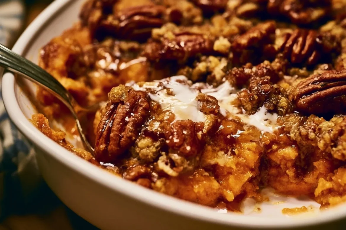 Delicious Southern Maple Sweet Potato Casserole topped with pecans and marshmallows