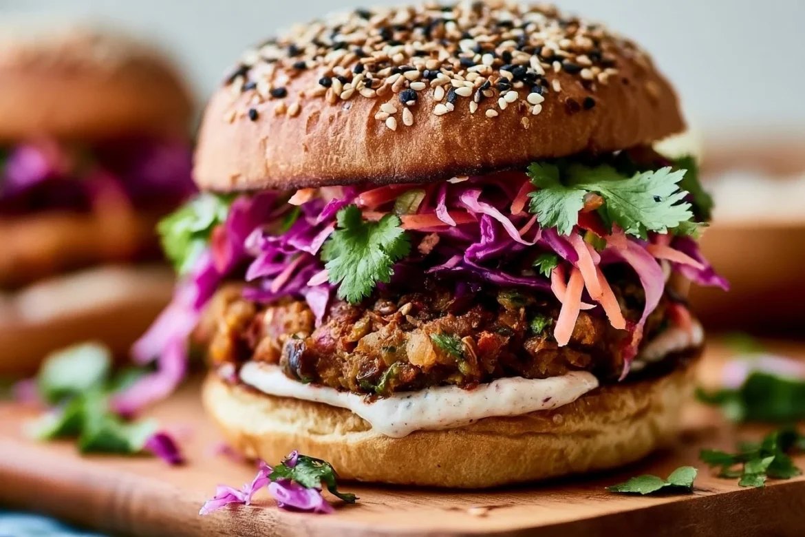 Spiced lentil burgers served with tahini slaw on a plate