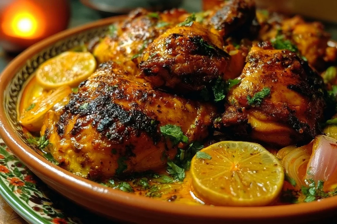 Plate of spicy Peruvian Amarillo Chicken served with fresh vegetables and cilantro.