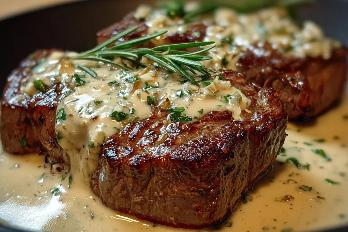 Juicy steak topped with rich garlic cream sauce served on a plate