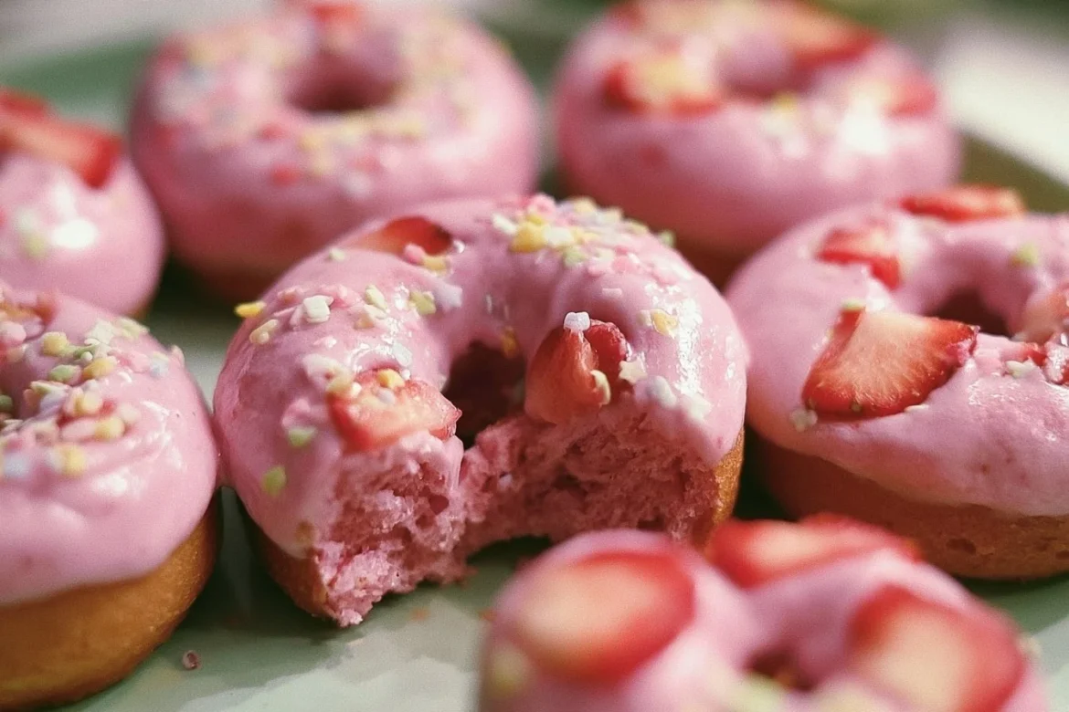 Delicious strawberry cake donuts with pink frosting and sprinkles