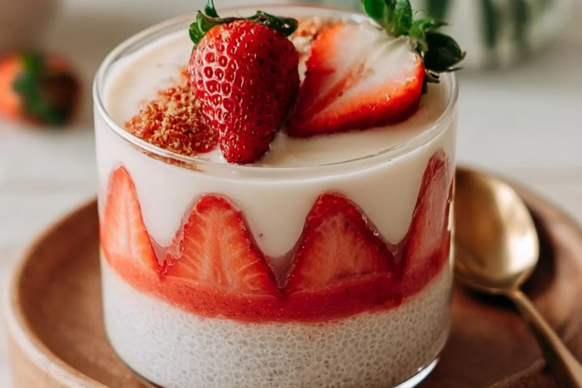 Strawberry Cheesecake Chia Pudding topped with fresh strawberries and cream