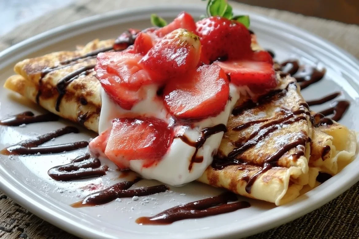 Delicious strawberry cream chocolate crepes served on a plate