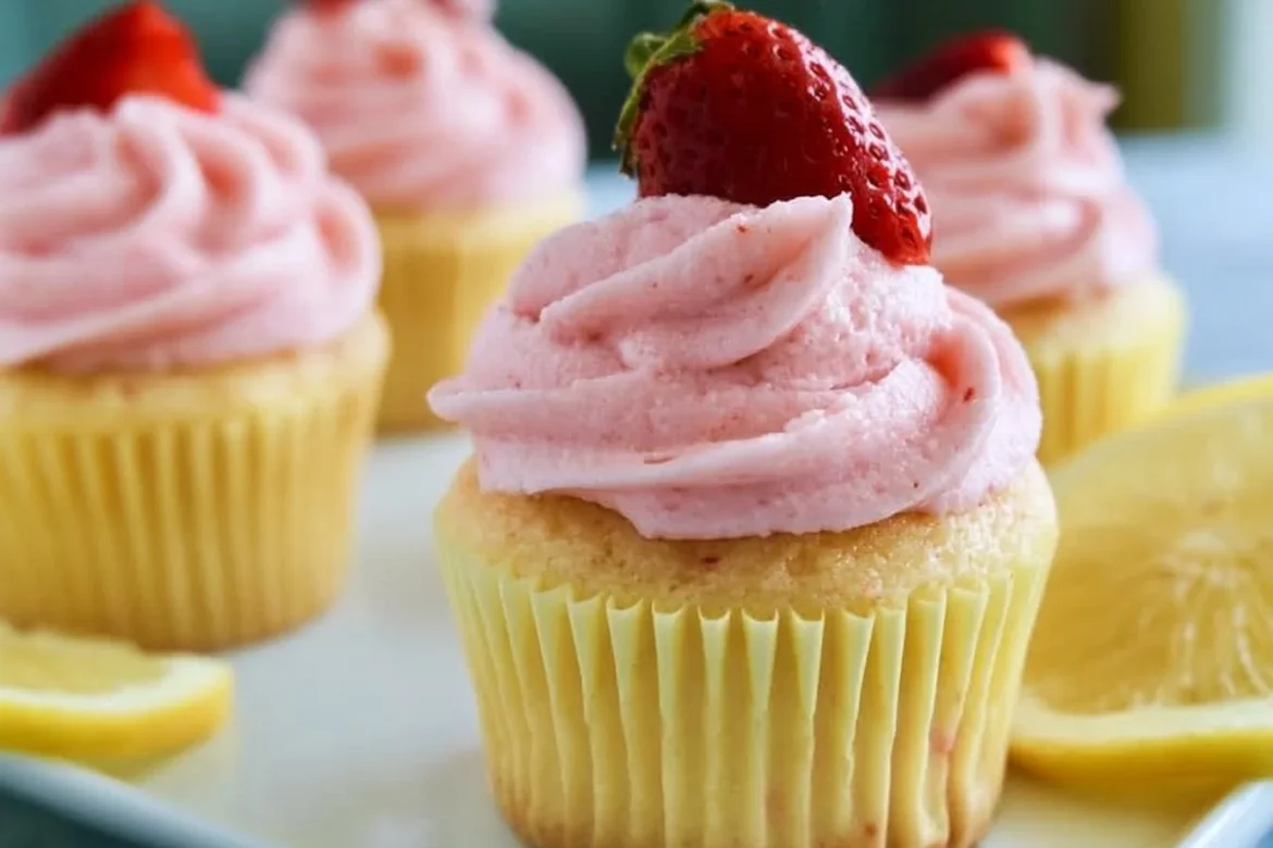 Delicious Strawberry Lemonade Cupcakes topped with lemon frosting and fresh strawberries.