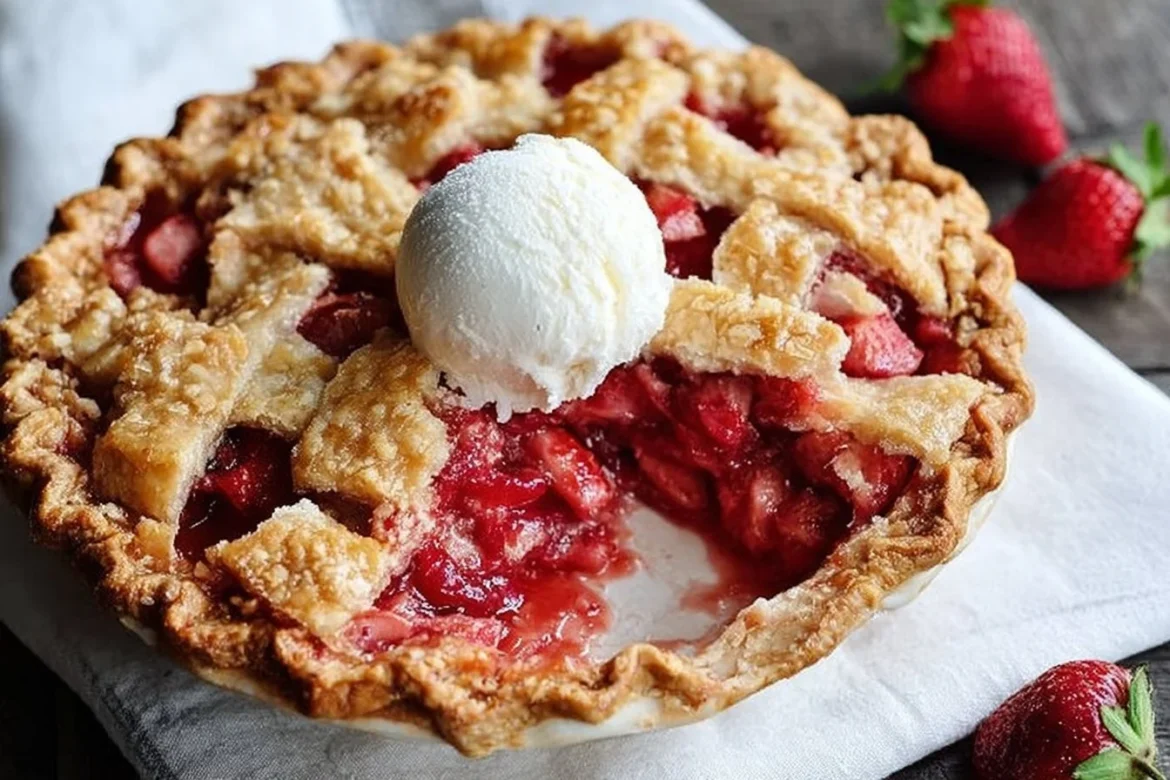 Delicious homemade Strawberry Rhubarb Pie served on a rustic wooden table