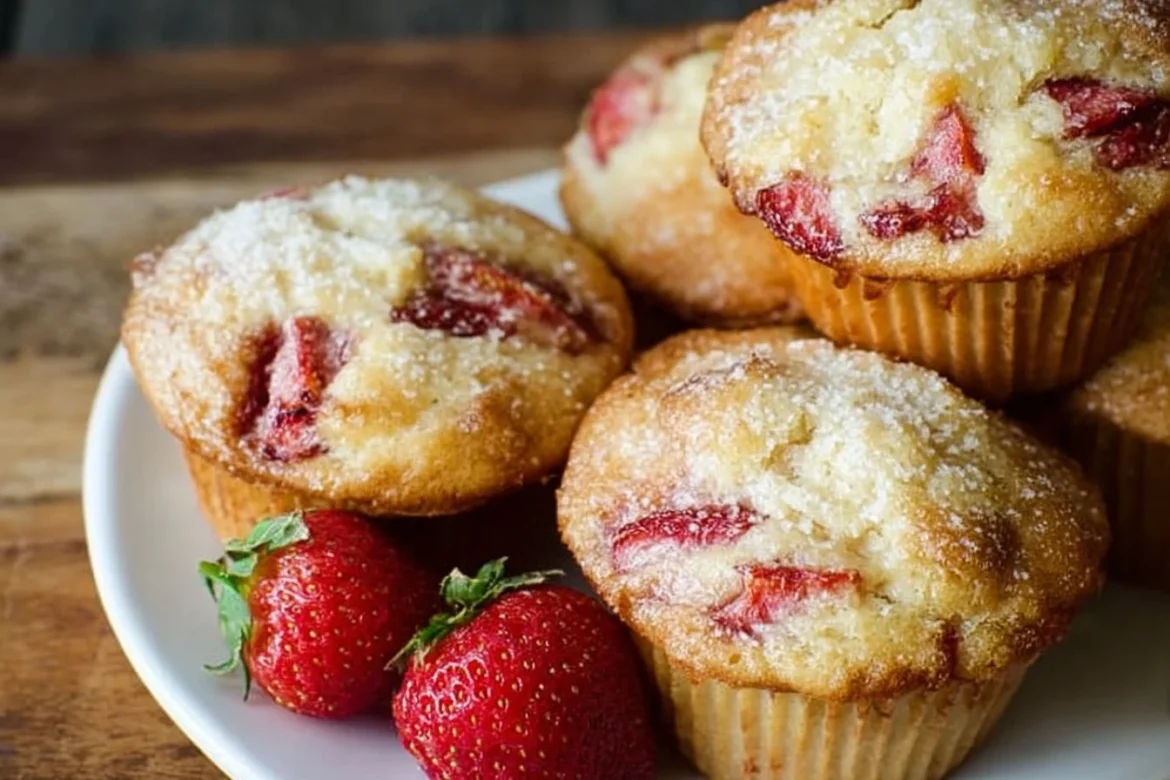 Delicious strawberry ricotta muffins with fresh strawberries on a plate