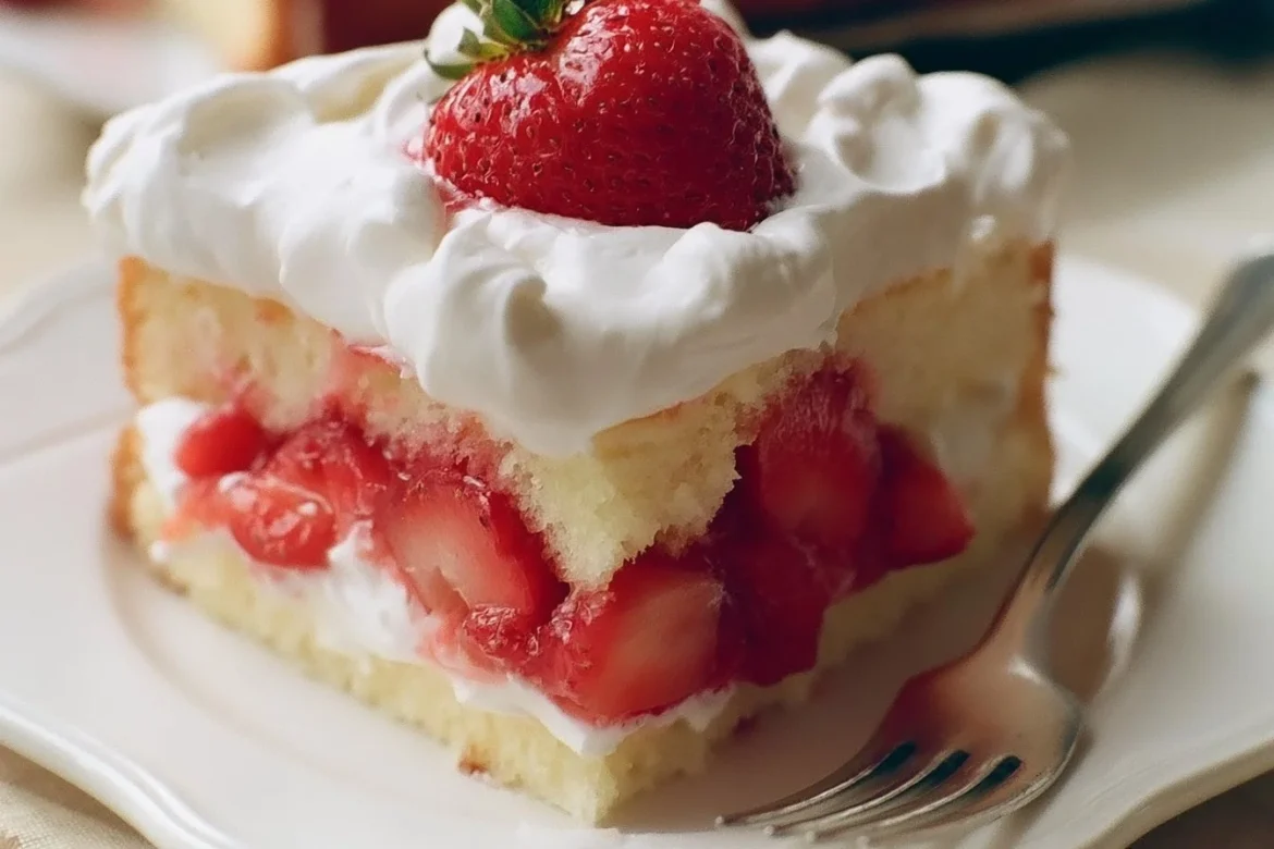 Delicious strawberry shortcake sheet cake topped with fresh strawberries and whipped cream.