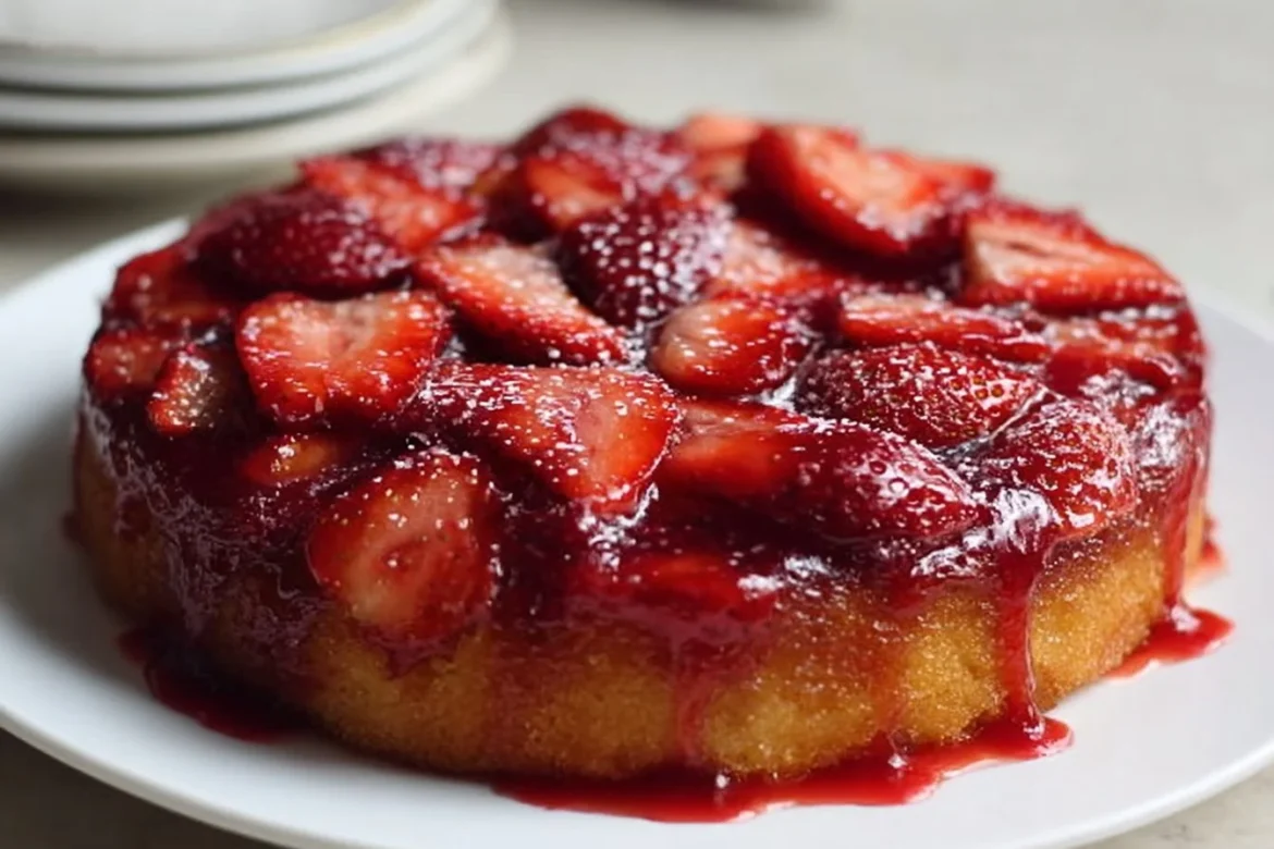 Delicious strawberry upside down cake topped with fresh strawberries