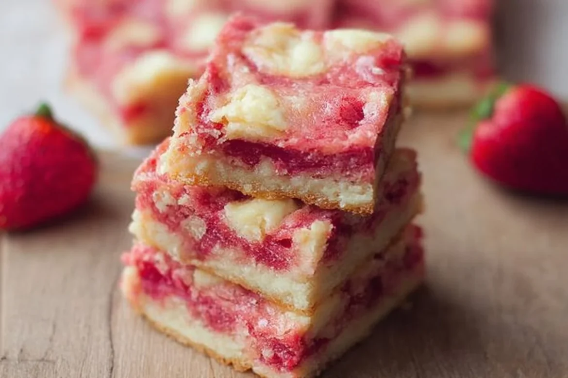 Delicious Strawberry White Chocolate Gooey Bars with strawberries and white chocolate drizzle.