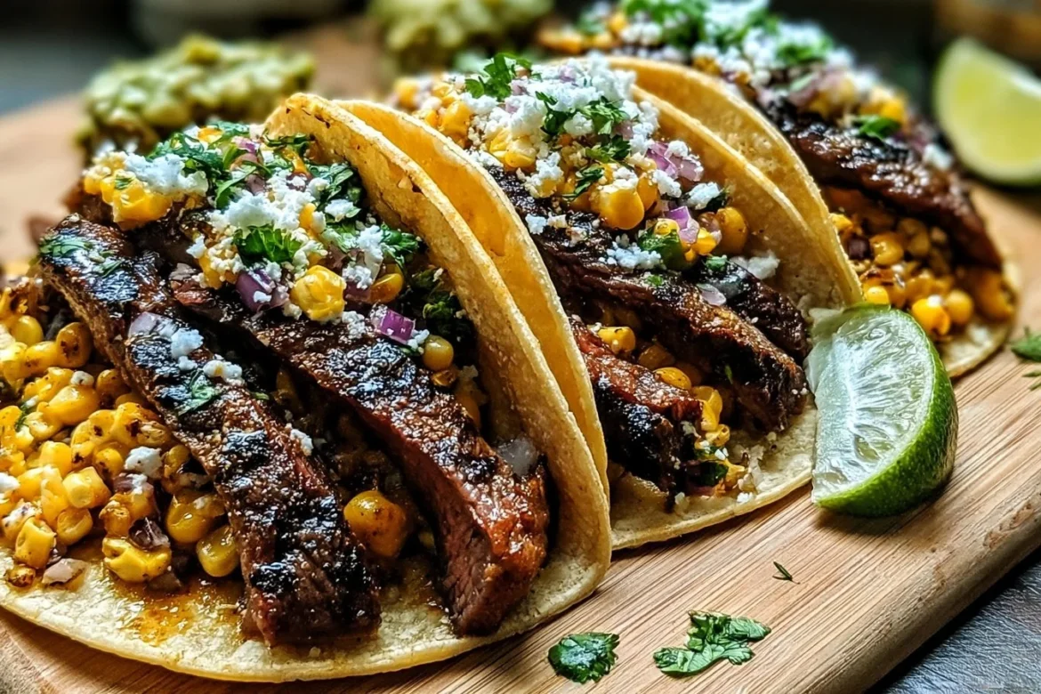 Delicious street corn steak tacos topped with fresh ingredients