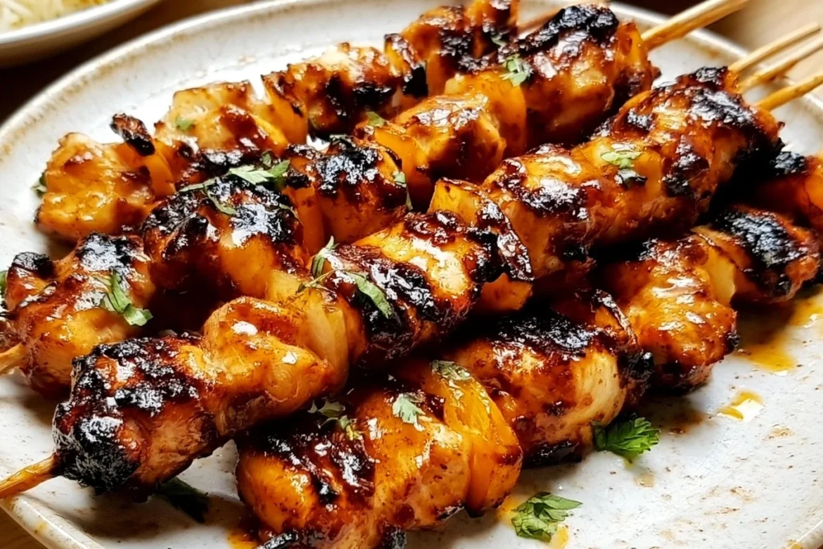 Delicious sweet and spicy honey glazed chicken kebabs on a grill