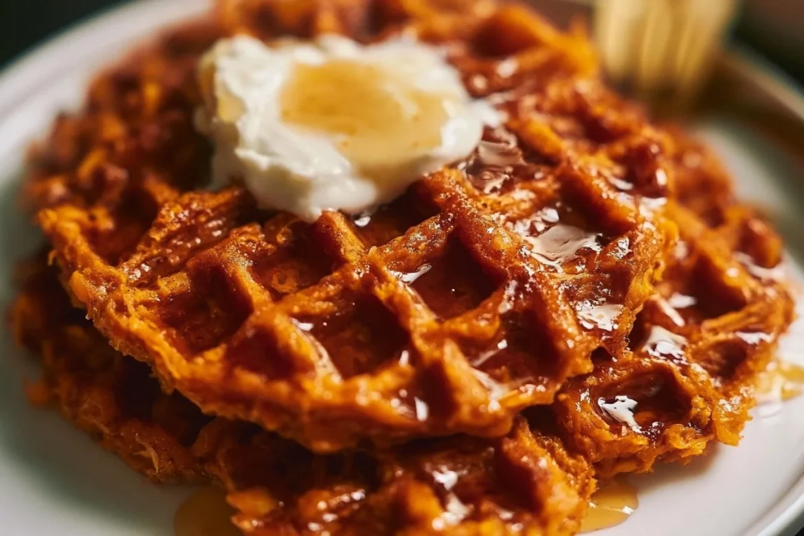 Delicious homemade sweet potato waffles served with syrup and berries.