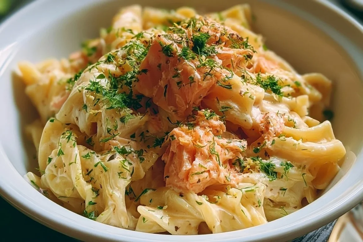 Delicious salmon pasta dish without cream, garnished and ready to serve