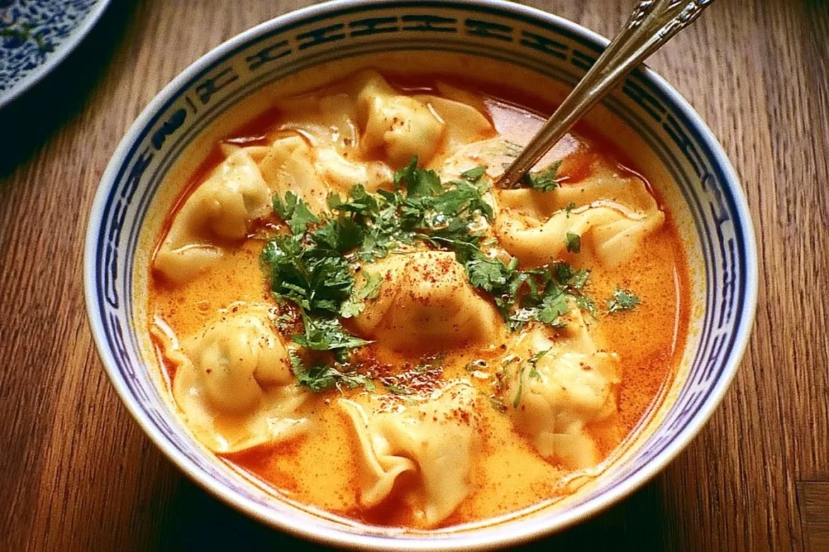 Bowl of Thai coconut curry dumpling soup with fresh herbs and spices
