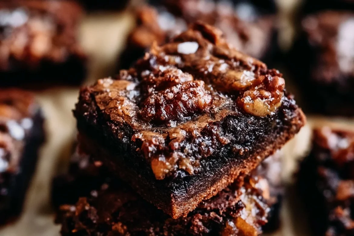 Delicious salted pecan pie brownies with chocolate and topped with sea salt.