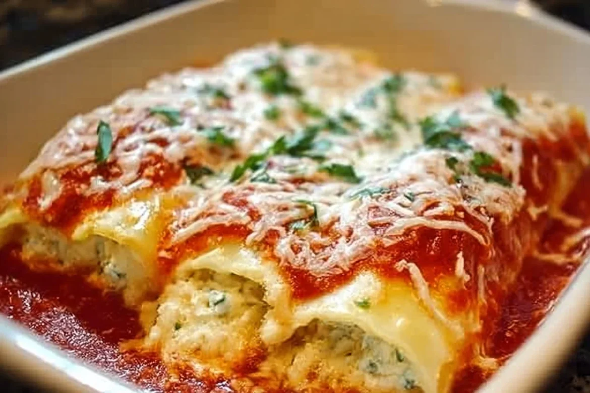 Delicious three cheese manicotti topped with marinara sauce.