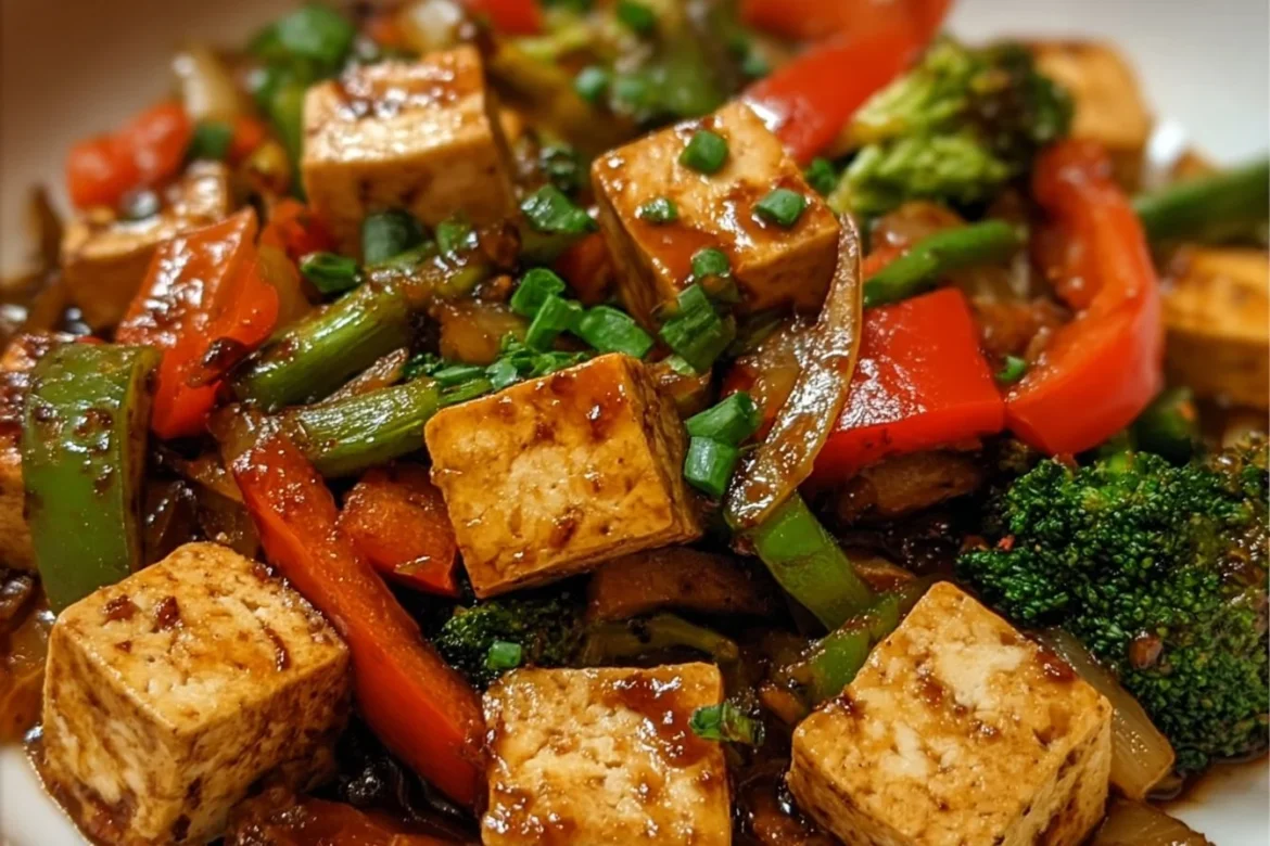 Tofu stir fry with vibrant vegetables in a colorful dish.