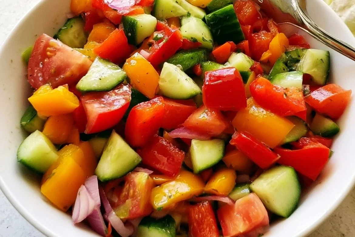 Colorful tomato cucumber bell pepper salad for a healthy meal