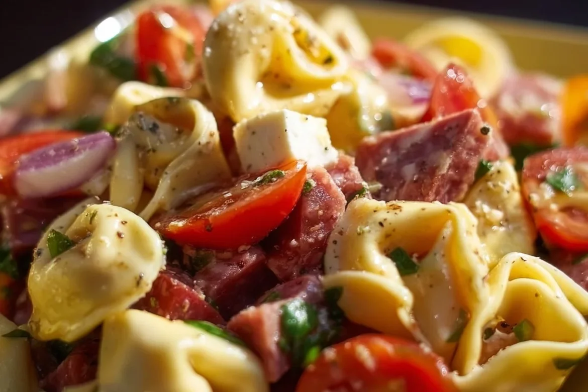 A colorful tortellini antipasto pasta salad with fresh vegetables and dressing.