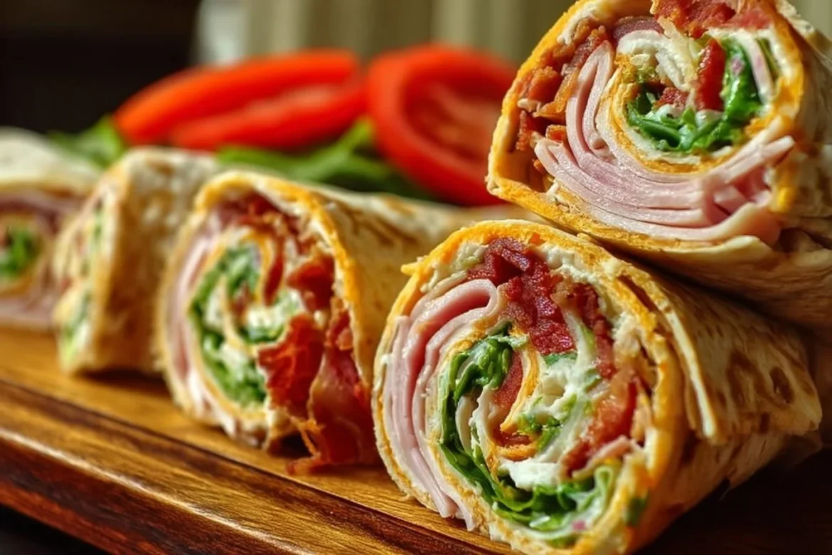 Turkey Club Pinwheels made with turkey, lettuce, and wraps, served as a delightful appetizer.