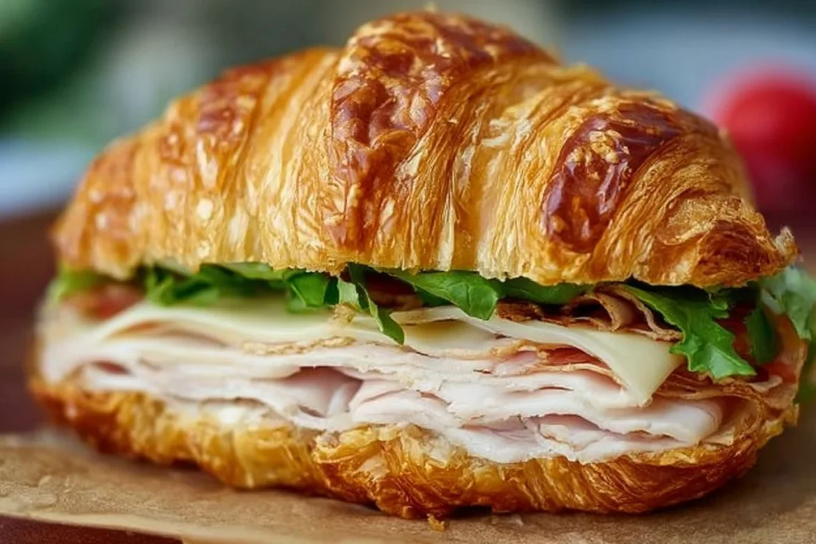 A delicious Turkey Croissant Sandwich with fresh ingredients and savory flavors.