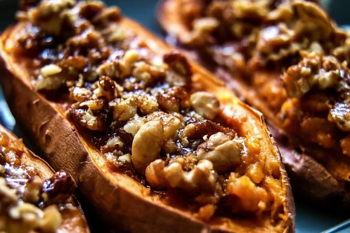 Delicious twice baked sweet potatoes with brown sugar, maple, and walnuts