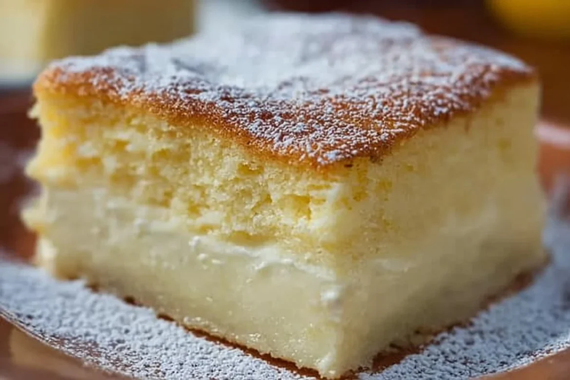 Delicious Vanilla Magic Custard Cake with three distinct layers ready to serve.