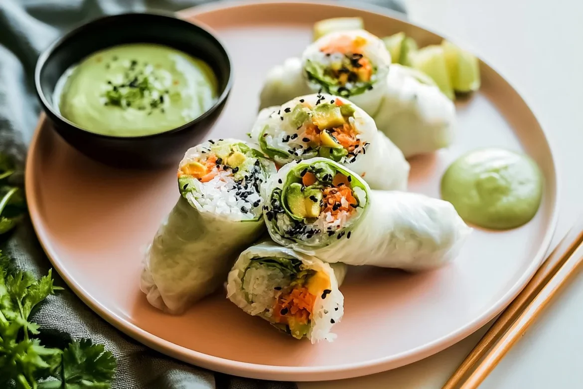 Vegan fresh sushi spring rolls with avocado dipping sauce on a plate