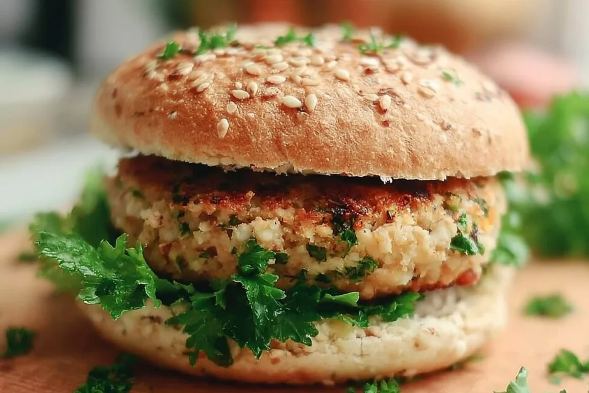 Delicious white bean burgers on a plate with fresh toppings