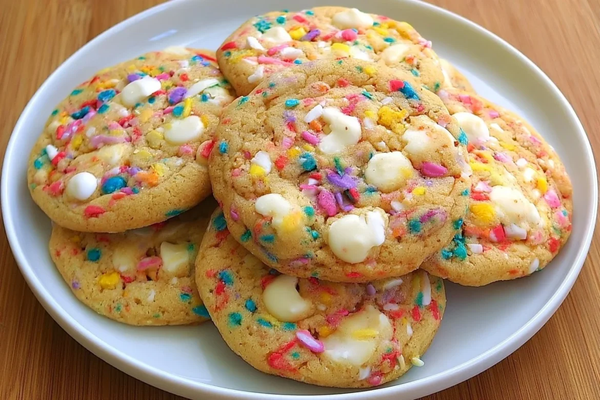 Freshly baked white chocolate confetti cookies with colorful sprinkles