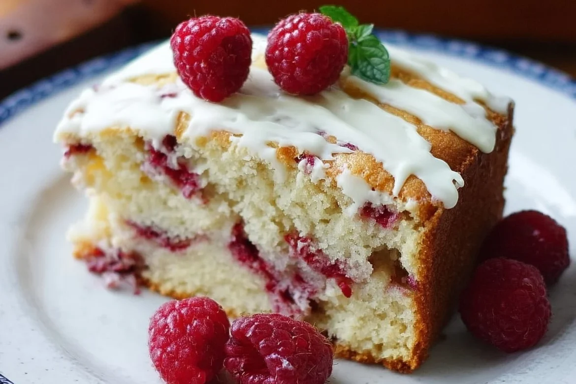 Delicious White Chocolate Raspberry Cake with fresh raspberries and white chocolate layers