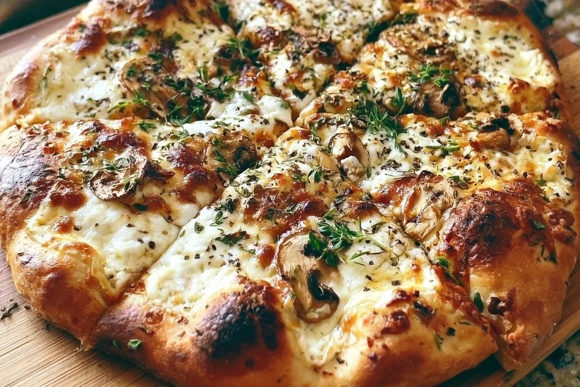 Delicious white mushroom pizza topped with fresh mushrooms and cheese