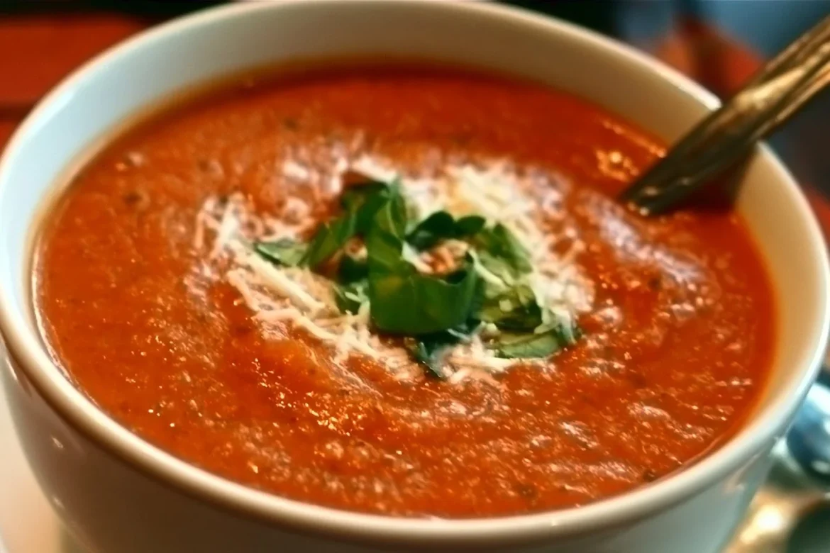 Delicious bowl of Zucchini Tomato Soup garnished with fresh herbs.