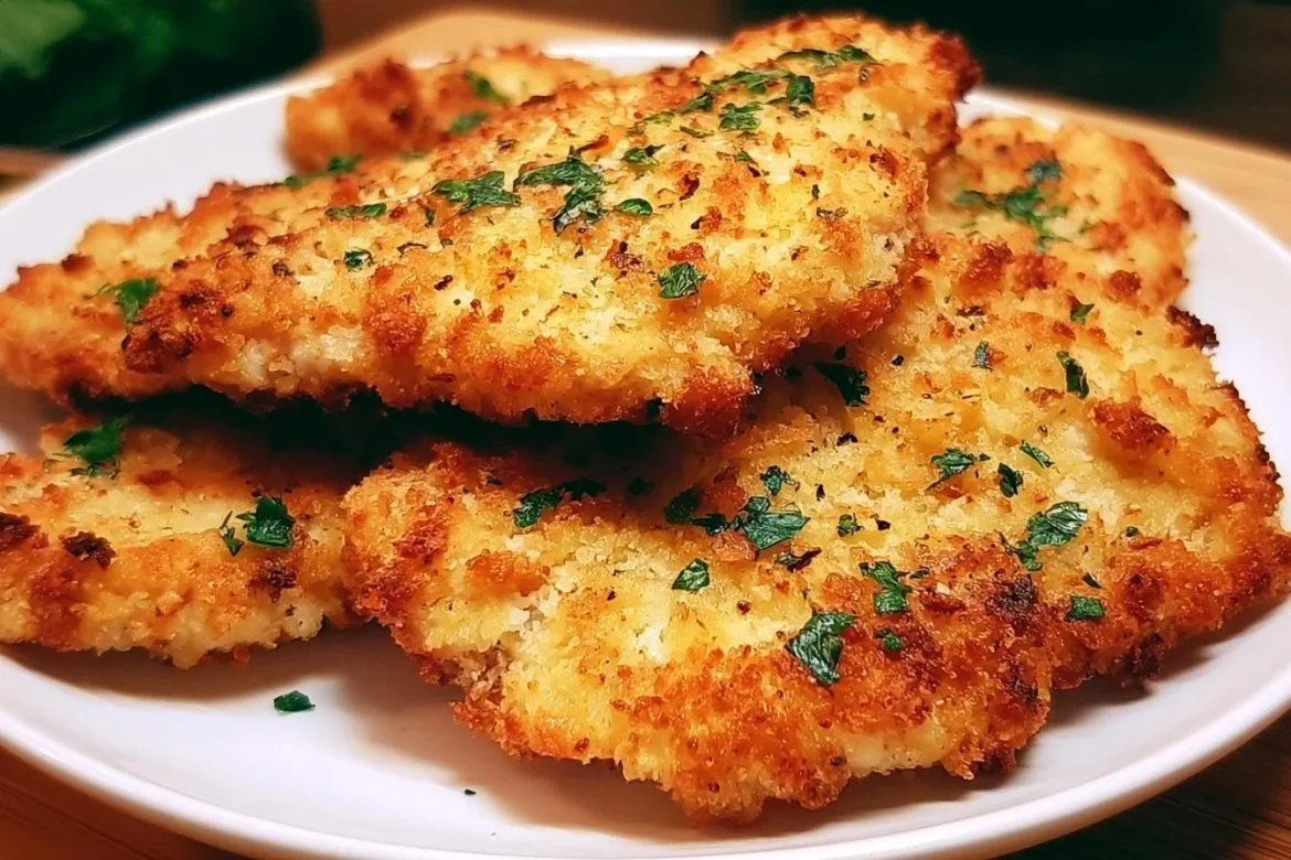 Delicious air fryer chicken schnitzels served with lemon wedges and herbs