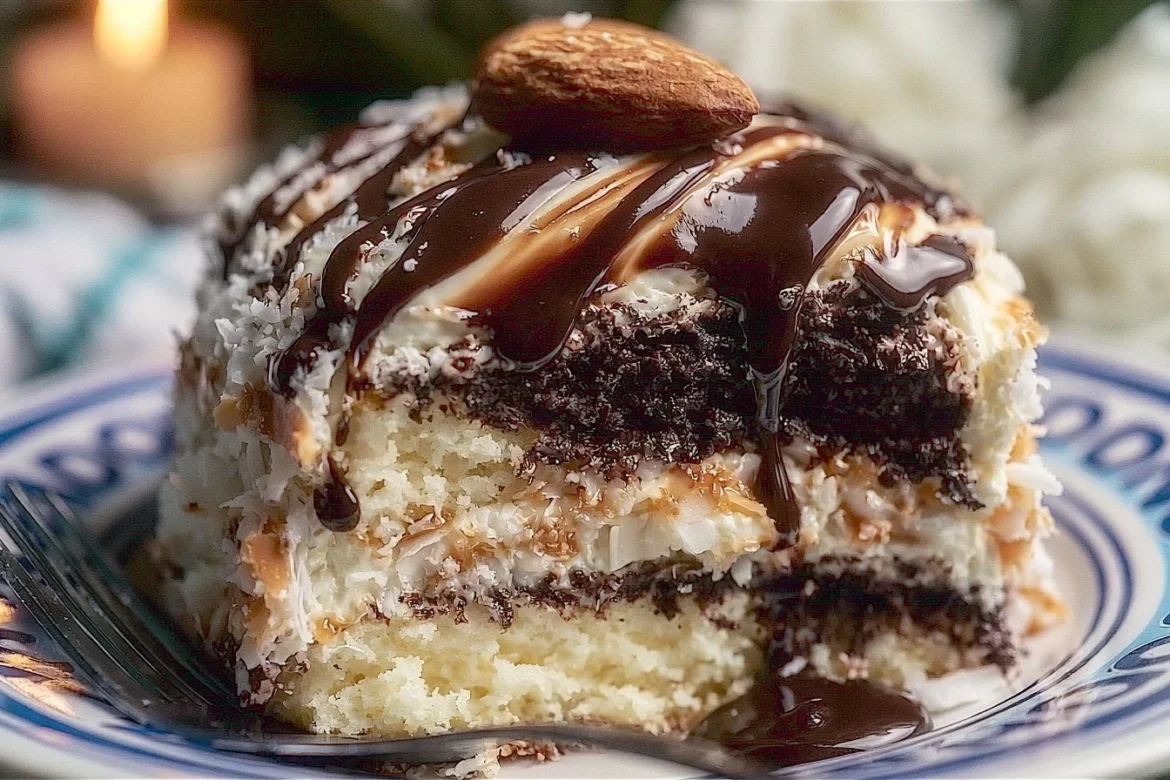 Delicious Almond Joy Layer Cake with chocolate, coconut, and almonds