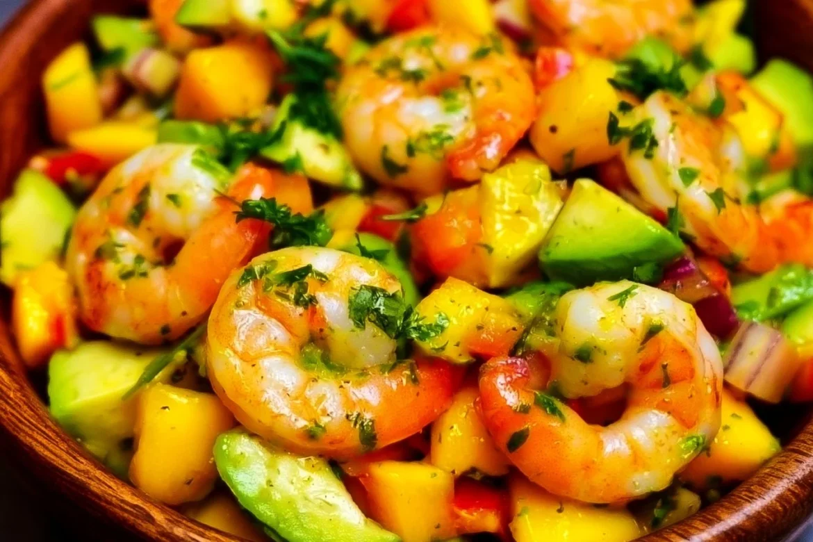 Fresh avocado mango shrimp salad with vibrant colors and healthy ingredients.