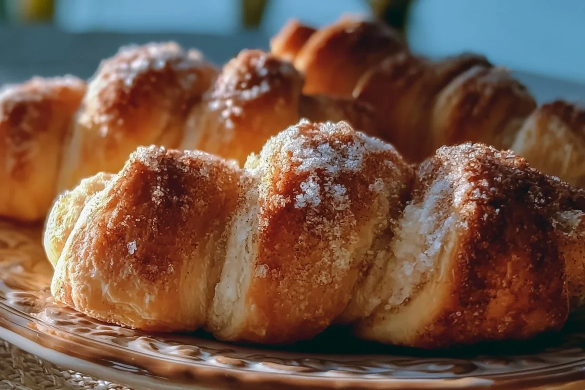Baked cinnamon twists made with crescent rolls, topped with sugar and cinnamon.
