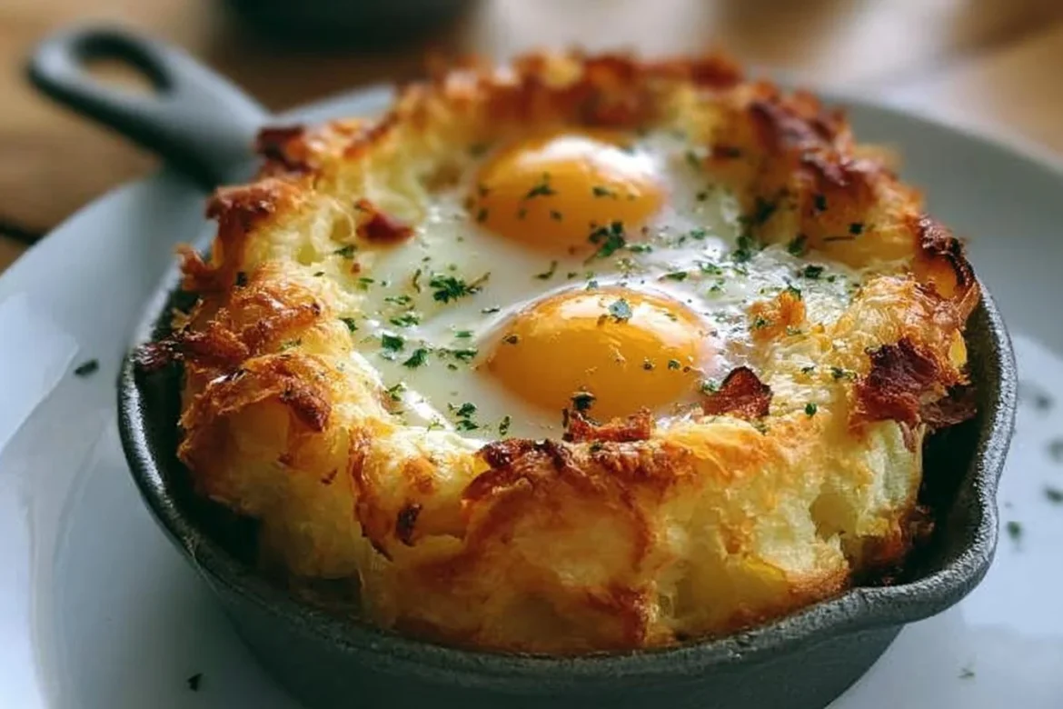 Delicious Baked Eggs Napoleon with layers and toppings.