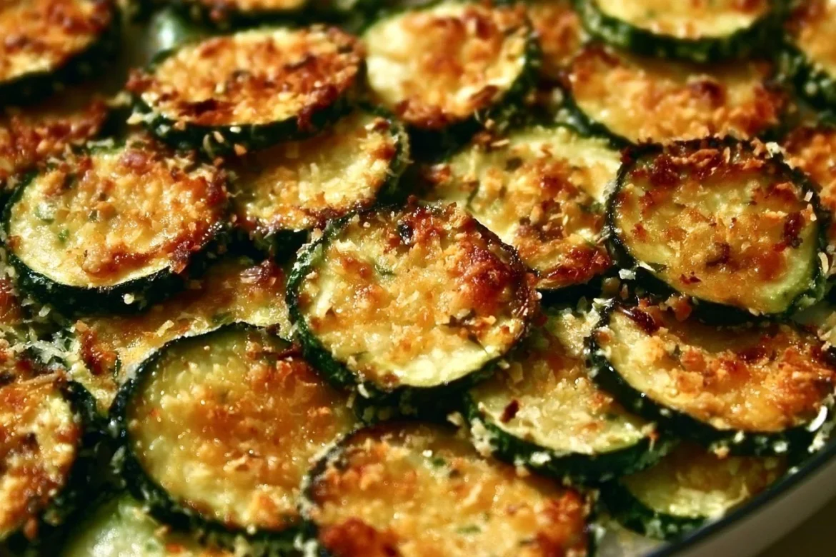 Baked Parmesan zucchini slices on a plate, garnished and ready to serve