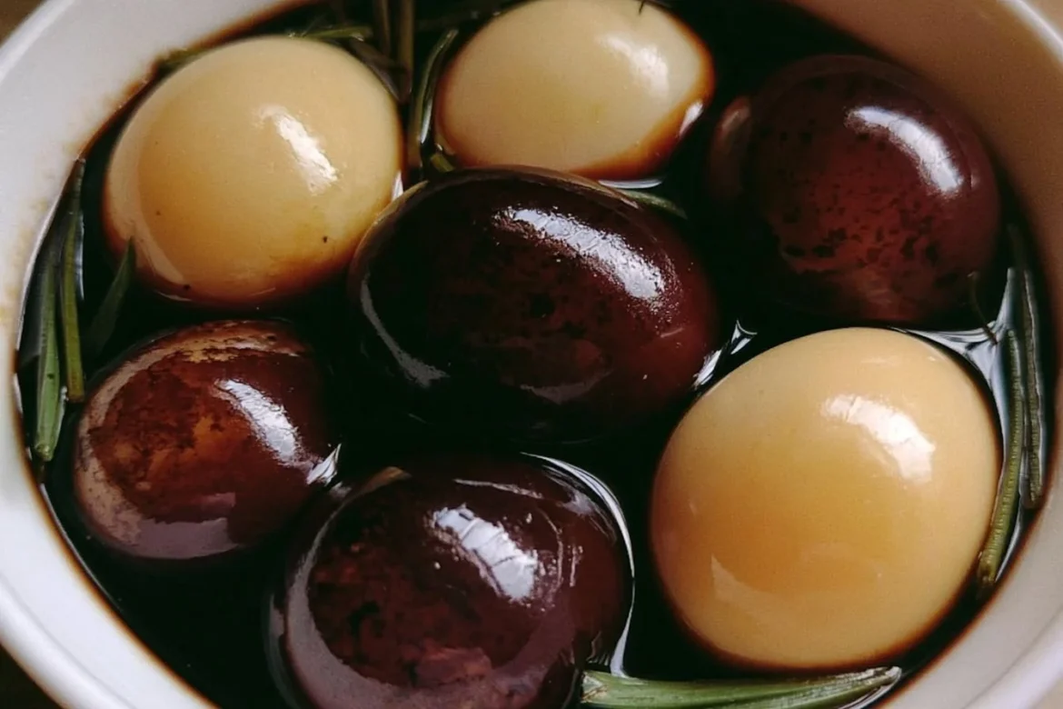 Balsamic pickled eggs in a jar, showcasing their rich color and texture.
