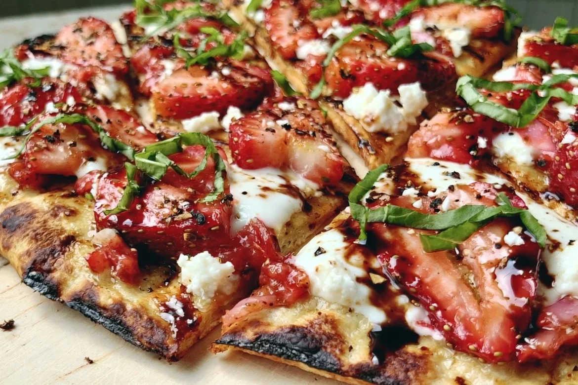 Delicious Balsamic Strawberry Flatbread topped with fresh strawberries and balsamic glaze