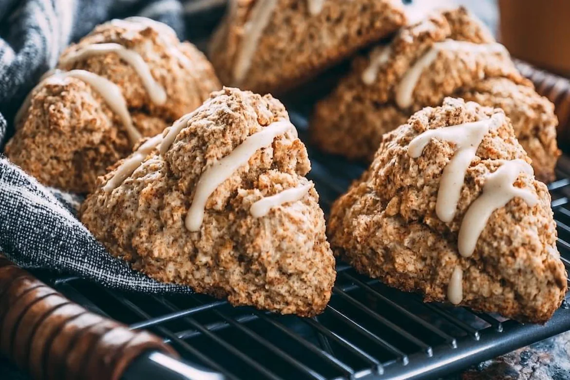 Freshly baked banana bread scones with caramelized bananas and nuts