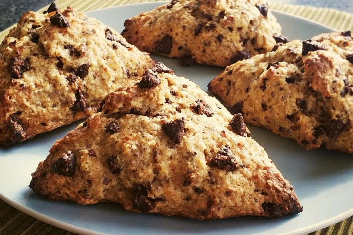 Freshly baked Banana Chocolate Chip Scones on a cooling rack