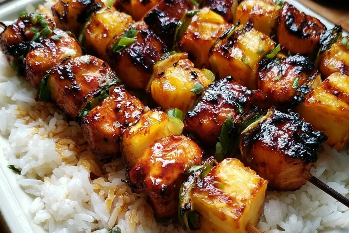Delicious BBQ Pineapple Chicken Kabobs on a grill ready to serve